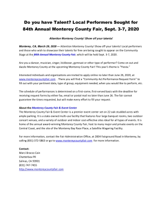 Do you have Talent? Local Performers Sought for 84th Annual Monterey County Fair, Sept. 3-7, 2020