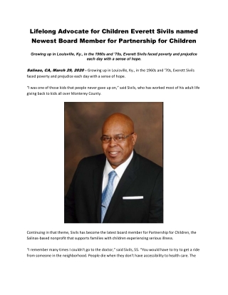 Lifelong Advocate for Children Everett Sivils named Newest Board Member for Partnership for Children