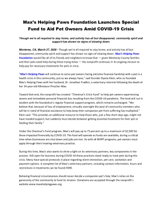 Max’s Helping Paws Foundation Launches Special Fund to Aid Pet Owners Amid COVID-19 Crisis