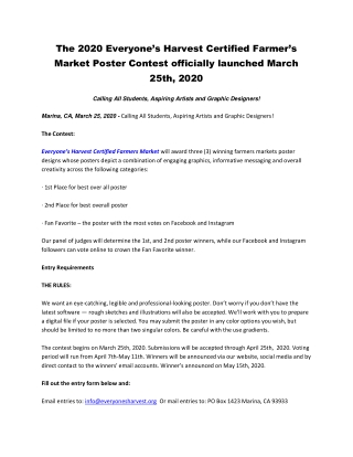 The 2020 Everyone’s Harvest Certified Farmer’s Market Poster Contest officially launched March 25th, 2020