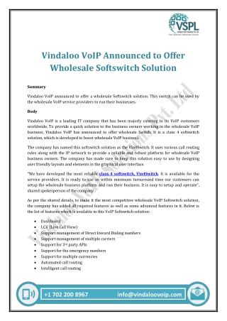 Vindaloo VoIP Announced to Offer Wholesale Softswitch Solution