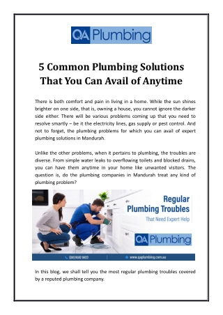 5 Common Plumbing Solutions That You Can Avail of Anytime