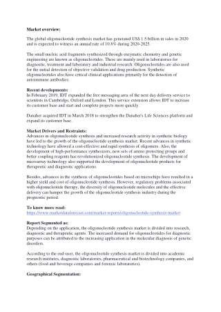 Oligonucleotide Synthesis Market Size and Growth Forecast Report 2020