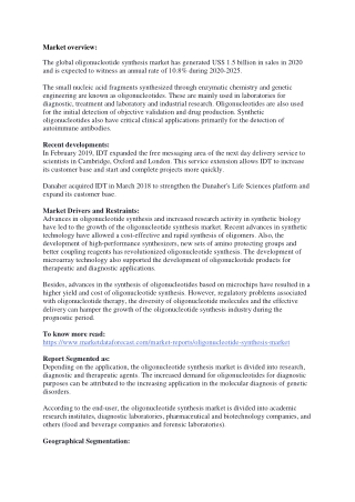 Oligonucleotide Synthesis Market Size and Growth Forecast Report 2020