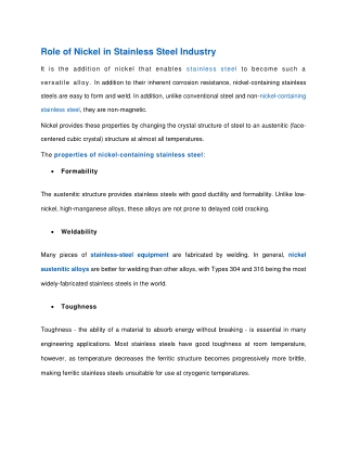 Role of Nickel in Stainless Steel Industry