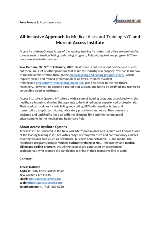 All-Inclusive Approach to Medical Assistant Training NYC and More at Access Institute