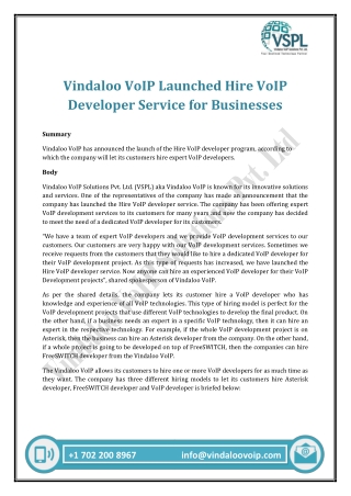 Vindaloo VoIP Launched Hire VoIP Developer Service for Businesses