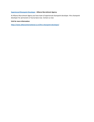 Experienced Sharepoint Developer - Alliance Recruitment Agency