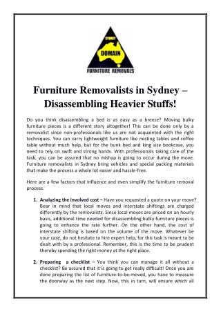 Furniture Removalists in Sydney – Disassembling Heavier Stuffs!