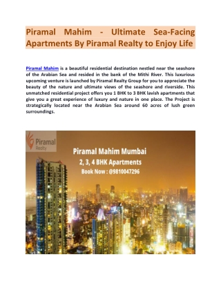 Piramal Mahim - Ultimate Sea-Facing Apartments By Piramal Realty to Enjoy Life