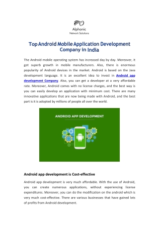 Top Android Mobile Application Development Company in India
