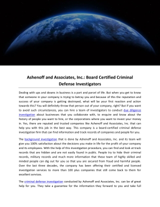 Ashenoff and Associates, Inc.: Board Certified Criminal Defense Investigators