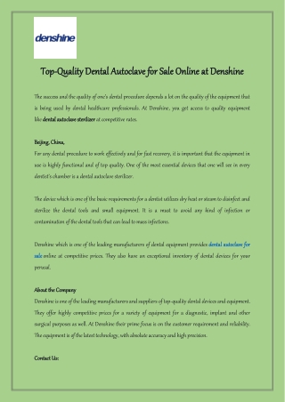 Top-Quality Dental Autoclave for Sale Online at Denshine