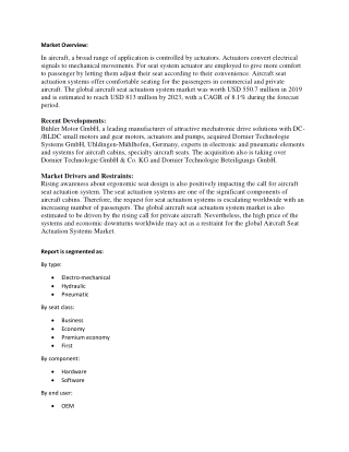 Aircraft Seat Actuation System Market to garner a CAGR above 8% by 2023