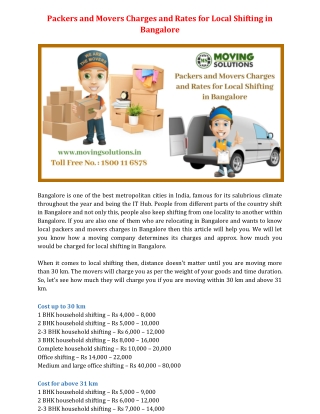 Packers and Movers Charges and Rates for Local Shifting in Bangalore