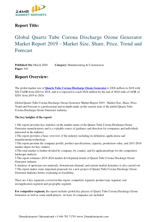 Quartz Tube Corona Discharge Ozone Generator Market Report 2019