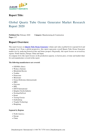 Quartz Tube Ozone Generator Market Research Report 2020