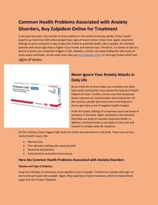 Common Health Problems Associated with Anxiety Disorders, Buy Zolpidem Online for Treatment