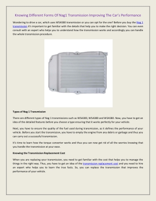 Knowing Different Forms Of Nag1 Transmission Improving The Car’s Performance