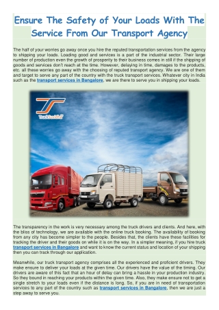 Ensure The Safety of Your Loads With The Service From Our Transport Agency