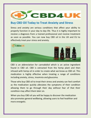 Buy CBD Oil Today to Treat Anxiety and Stress