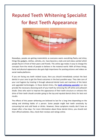 Reputed Teeth Whitening Specialist for Best Teeth Appearance