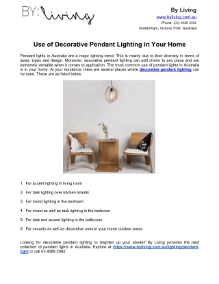 Use of Decorative Pendant Lighting in Your Home