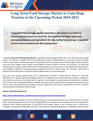 Long Term Food Storage Market to Gain Huge Traction in the Upcoming Period 2019-2023