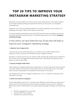 TOP 20 TIPS TO IMPROVE YOUR INSTAGRAM MARKETING STRATEGY