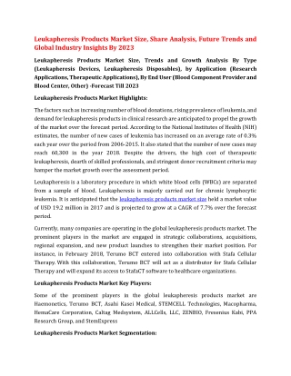 Leukapheresis Products Market Size, Future Trends Growth, Share Analysis and Global Industry Insights By 2023