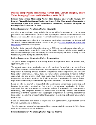 Patient Temperature Monitoring Market Size, Growth Insights, Share Value, Emerging Trends and Global Forecast to 2023