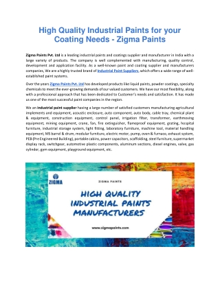 High Quality Industrial Paints for your Coating Needs - Zigma Paints