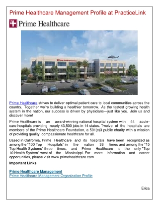 Prime Healthcare Management Profile at PracticeLink