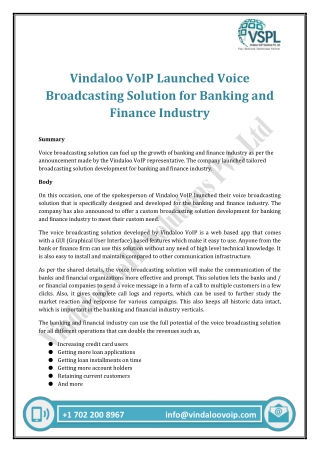 Vindaloo VoIP Launched Voice Broadcasting Solution for Banking and Finance Industry