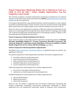 Patient Temperature Monitoring Market Size Is Expected to Grow at a CAGR of 6.1% By 2023 | Future Insights, Opportunitie
