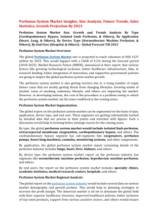 Perfusion System Market Insights, Size Analysis, Future Trends, Sales Statistics, Growth Projection By 2023