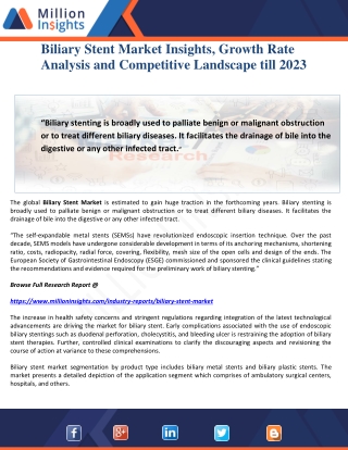 Biliary Stent Market Insights, Growth Rate Analysis and Competitive Landscape till 2023