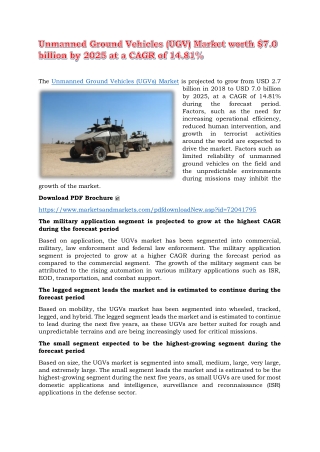 Unmanned Ground Vehicles (UGV) Market worth $7.0 billion by 2025 at a CAGR of 14.81%