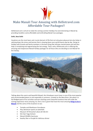 Make Manali Tour Amazing with Hellotravel.com Affordable Tour Packages!!