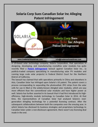 Solaria Corp Sues Canadian Solar Inc Alleging Patent Infringement