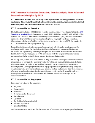 UTI Treatment Market Size Estimation, Share Value, Trends Analysis, Dynamics and Future Growth Insights By 2023