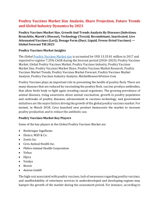 Poultry Vaccines Market Size Projection, Dynamics, Share Analysis and Global Industry Dynamics by 2023