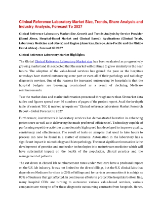 Clinical Reference Laboratory Market Size, Share Analysis, Insights, Trends and Industry Analysis, Forecast To 2027