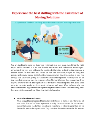 Experience the best shifting with the assistance of Moving Solutions