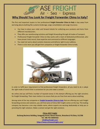 Why should you look for freight forwarder china to italy