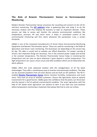 The Role of Remote Thermometer Sensor in Environmental Monitoring