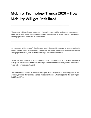 Mobility Technology Trends 2020 - How Mobility Will get Redefined