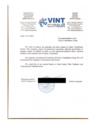 Recommendation letter for Healy Consultants from VINT consult