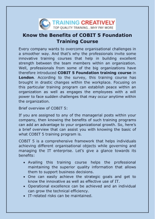 Know the Benefits of COBIT 5 Foundation Training Course