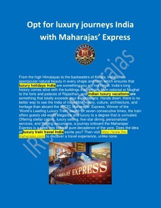 Opt for luxury journeys India with Maharajas’ Express - The Worlds Best Luxury Train